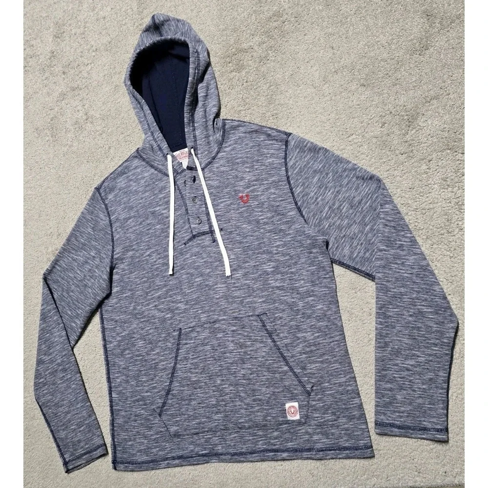 True Religion Heathered‎ Blue Henley Hoodie Jacket Mens Large Lightweight EUC